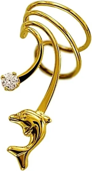 Dolphin Cubic Zirconia Short Wave Ear Cuff Non-pierced Wrap Earring Left Gold on Sterling Silver