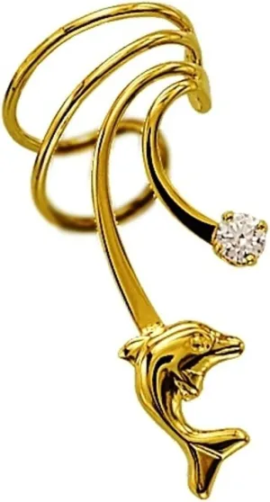 Dolphin CZ Short Wave Ear Cuff Non-pierced Wrap Earring Right Gold on Sterling Silver