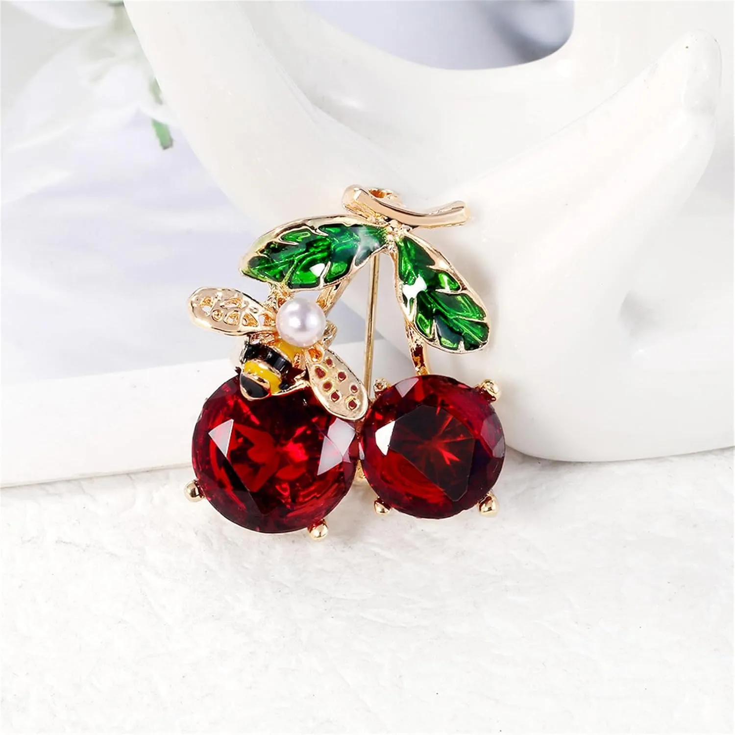 Dreuyet Crystal Cherry Brooch Pin for Women Men Rhinestone CZ 3D Cute Red Cherry Pins Red Fruit Accessories Jewelry for Hat Bag Suit Tie