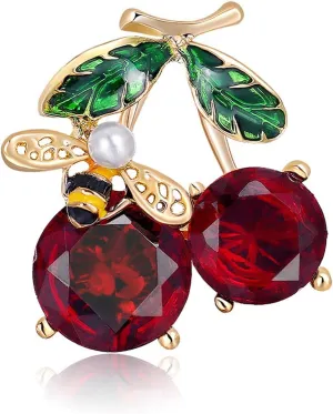 Dreuyet Crystal Cherry Brooch Pin for Women Men Rhinestone CZ 3D Cute Red Cherry Pins Red Fruit Accessories Jewelry for Hat Bag Suit Tie