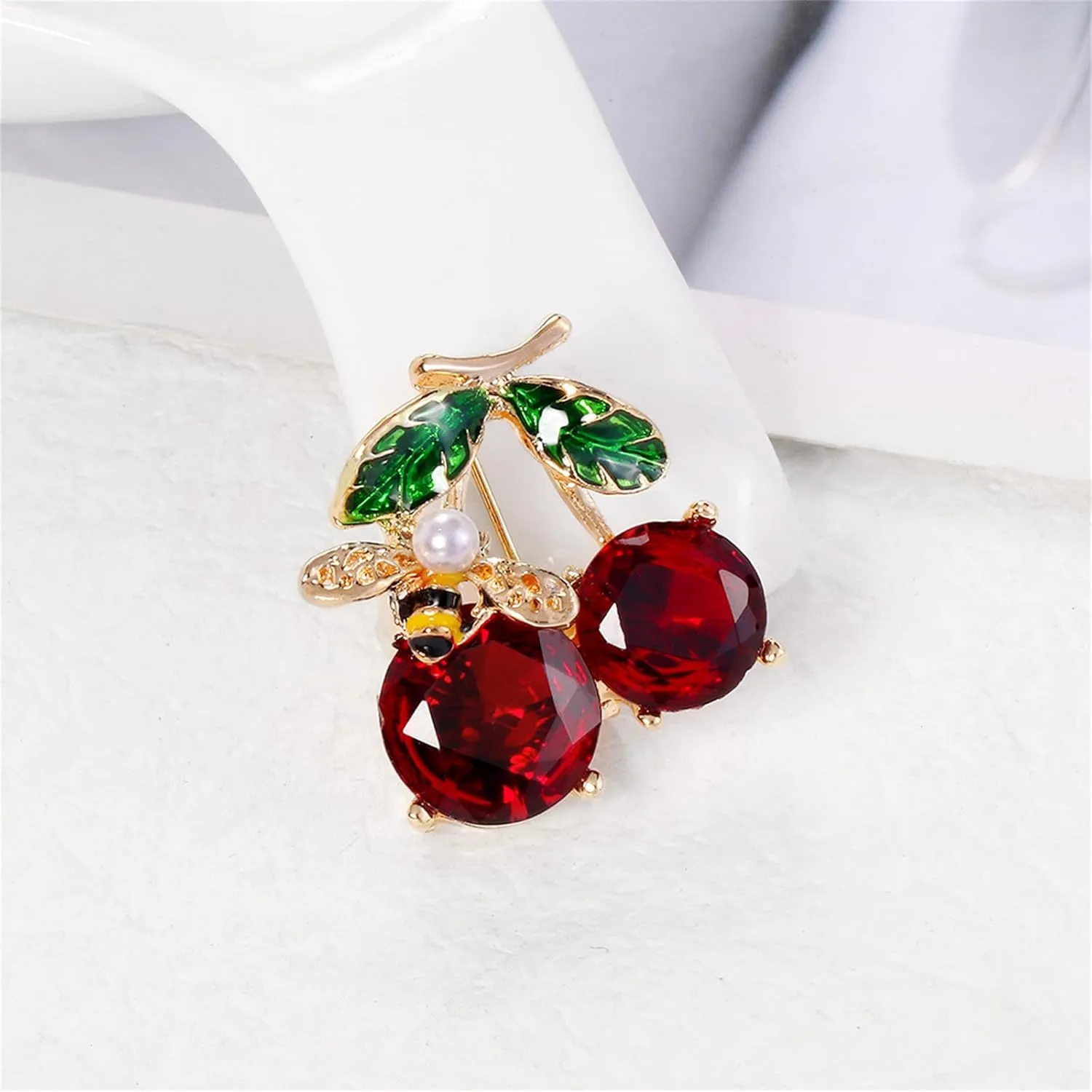 Dreuyet Crystal Cherry Brooch Pin for Women Men Rhinestone CZ 3D Cute Red Cherry Pins Red Fruit Accessories Jewelry for Hat Bag Suit Tie