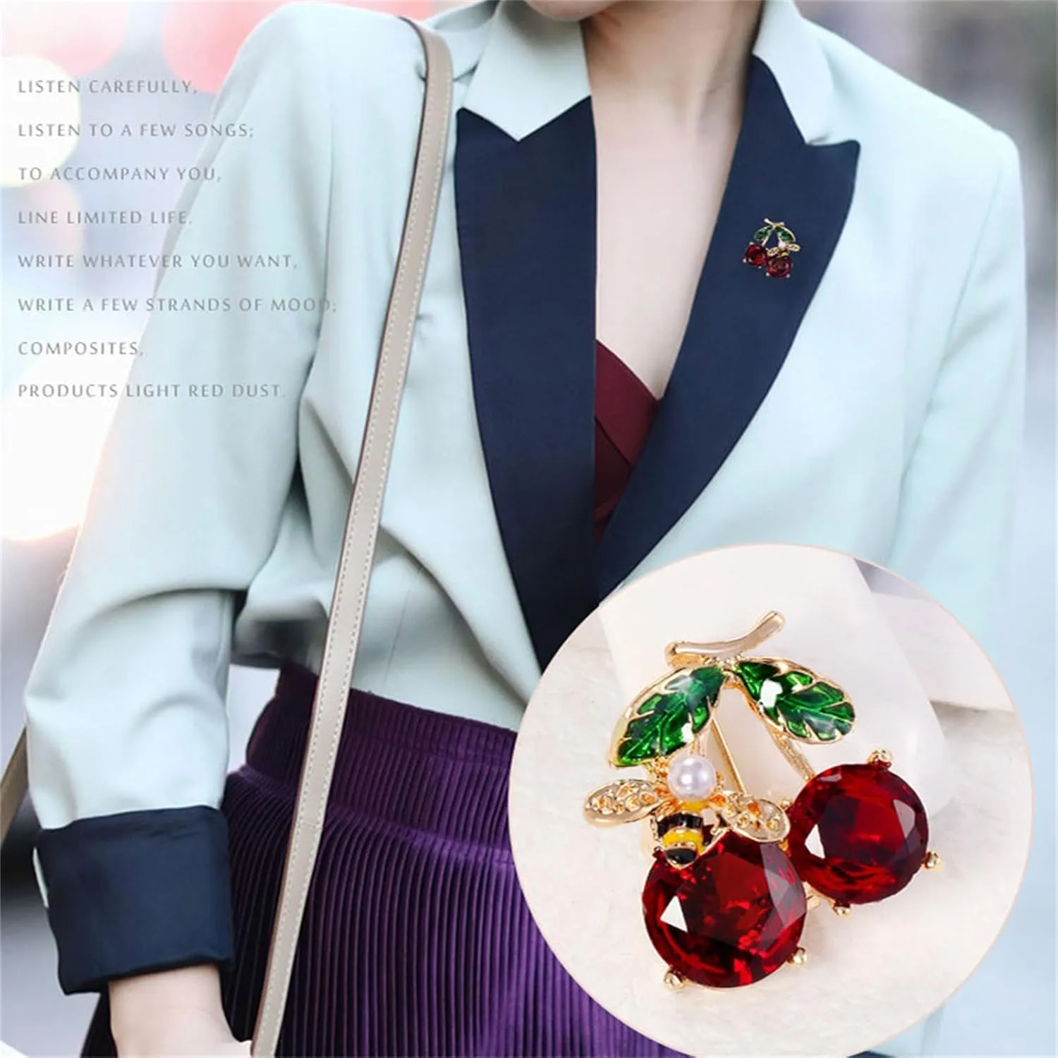 Dreuyet Crystal Cherry Brooch Pin for Women Men Rhinestone CZ 3D Cute Red Cherry Pins Red Fruit Accessories Jewelry for Hat Bag Suit Tie