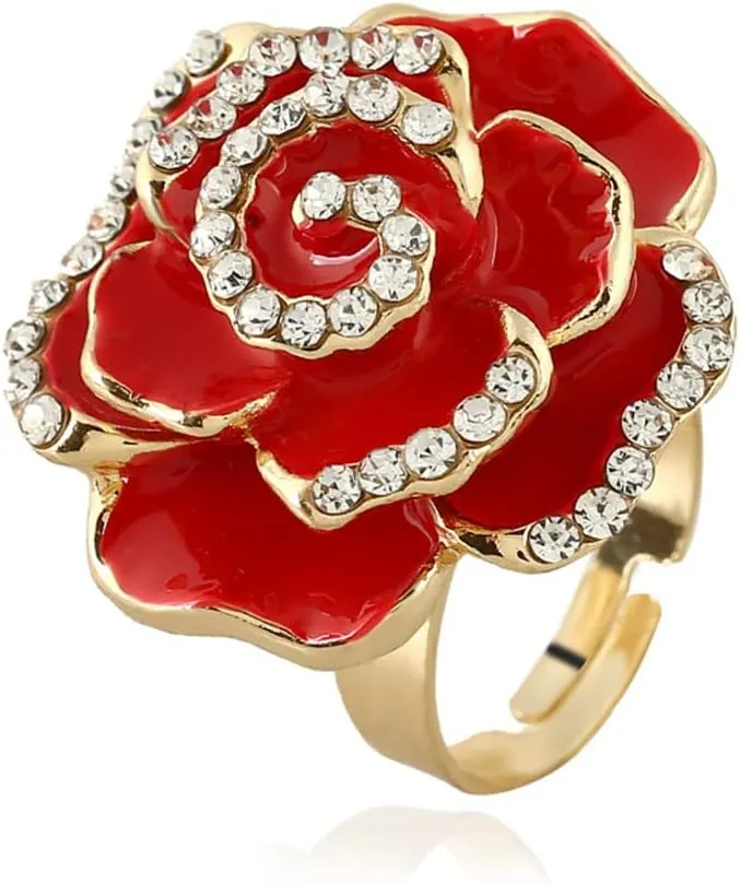 Dtja CZ Rose Flower Promise Ring for Women Girls Statement Diamond Crystal 3D Enamel Flowers Adjustable Open Wrap Finger Rings Comfort Fit Vintage Elegant Wedding Valentine Holiday Jewelry Gift