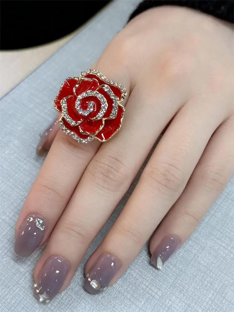 Dtja CZ Rose Flower Promise Ring for Women Girls Statement Diamond Crystal 3D Enamel Flowers Adjustable Open Wrap Finger Rings Comfort Fit Vintage Elegant Wedding Valentine Holiday Jewelry Gift