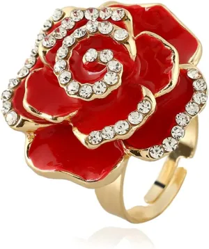 Dtja CZ Rose Flower Promise Ring for Women Girls Statement Diamond Crystal 3D Enamel Flowers Adjustable Open Wrap Finger Rings Comfort Fit Vintage Elegant Wedding Valentine Holiday Jewelry Gift