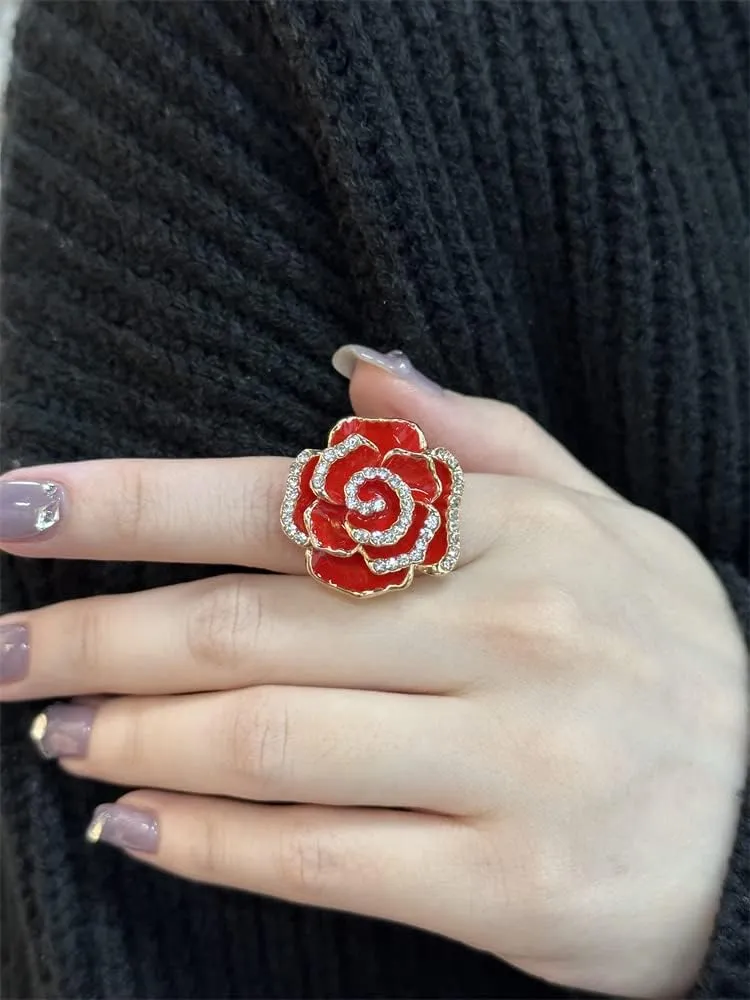 Dtja CZ Rose Flower Promise Ring for Women Girls Statement Diamond Crystal 3D Enamel Flowers Adjustable Open Wrap Finger Rings Comfort Fit Vintage Elegant Wedding Valentine Holiday Jewelry Gift