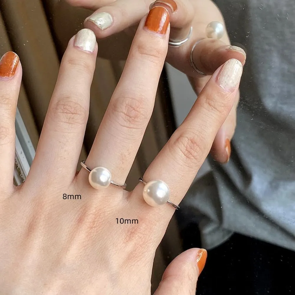 Dtja Shell Pearl 925 Sterling Silver Ring for Women Girls Adjustable Expandable Round Ball Wedding Statement Finger Rings Comfort Fit Simple Elegant Engagement Promise Birthday Jewelry Gift
