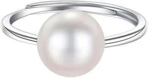 Dtja Shell Pearl 925 Sterling Silver Ring for Women Girls Adjustable Expandable Round Ball Wedding Statement Finger Rings Comfort Fit Simple Elegant Engagement Promise Birthday Jewelry Gift