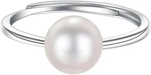 Dtja Shell Pearl 925 Sterling Silver Ring for Women Girls Adjustable Expandable Round Ball Wedding Statement Finger Rings Comfort Fit Simple Elegant Engagement Promise Birthday Jewelry Gift