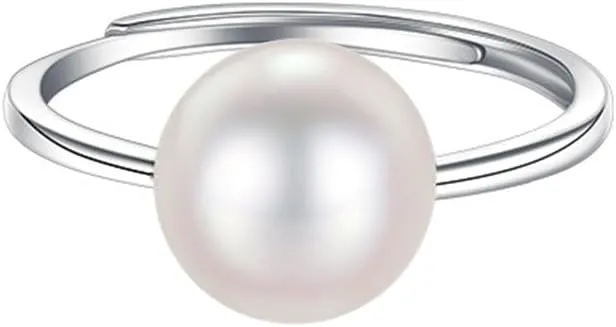 Dtja Shell Pearl 925 Sterling Silver Ring for Women Girls Adjustable Expandable Round Ball Wedding Statement Finger Rings Comfort Fit Simple Elegant Engagement Promise Birthday Jewelry Gift