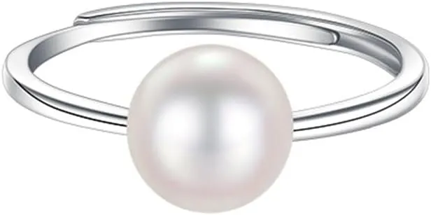 Dtja Shell Pearl 925 Sterling Silver Ring for Women Girls Adjustable Expandable Round Ball Wedding Statement Finger Rings Comfort Fit Simple Elegant Engagement Promise Birthday Jewelry Gift