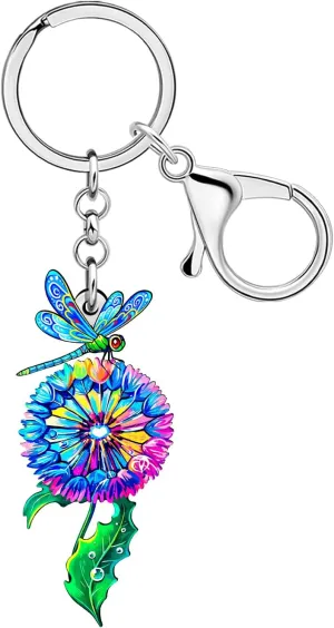 DUOWEI Cute Insect Bug Dragonfly with Flower Keychain Key Ring Dragonfly Gifts for Women Girls Car Keys Wallet Backpack Charm