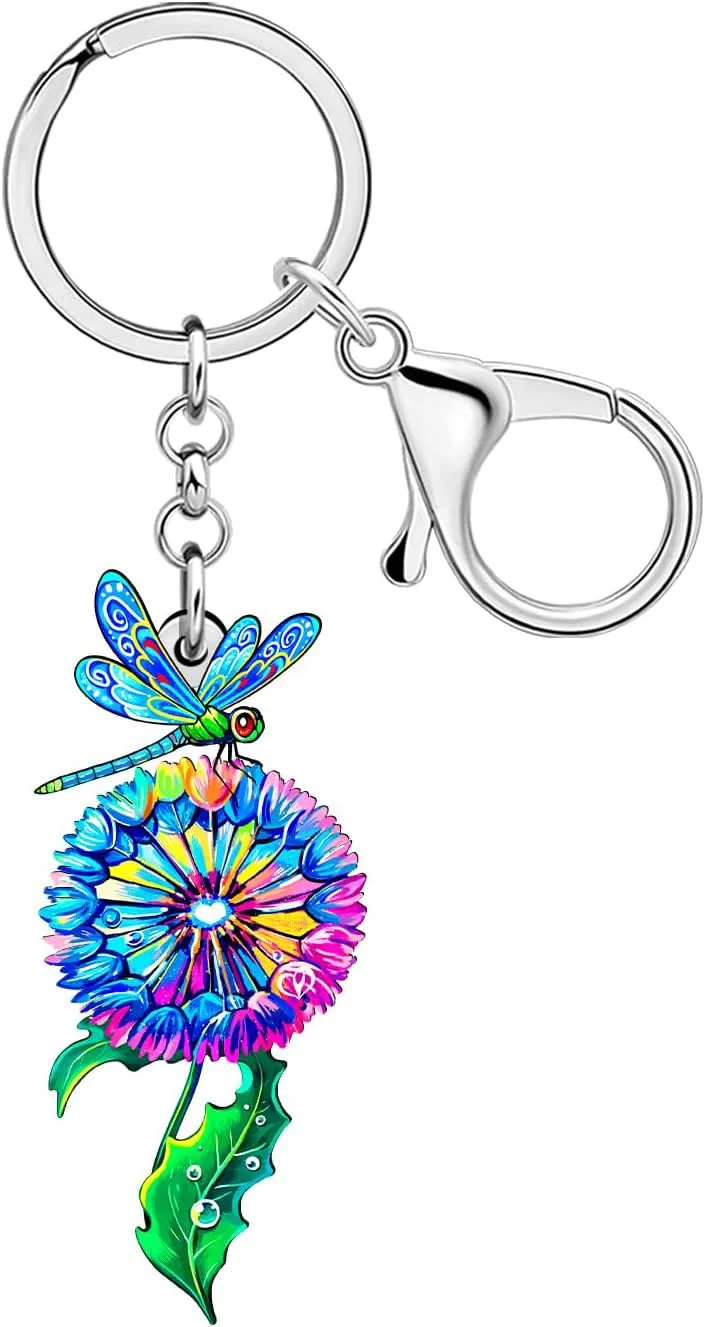 DUOWEI Cute Insect Bug Dragonfly with Flower Keychain Key Ring Dragonfly Gifts for Women Girls Car Keys Wallet Backpack Charm