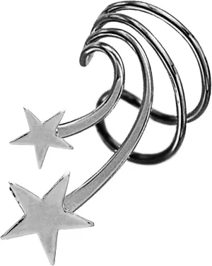 Ear Charms Short Wave Double Star Ear Cuff Non-Pierced Left Cartilage Wrap Earring Rhodium on Sterling Silver