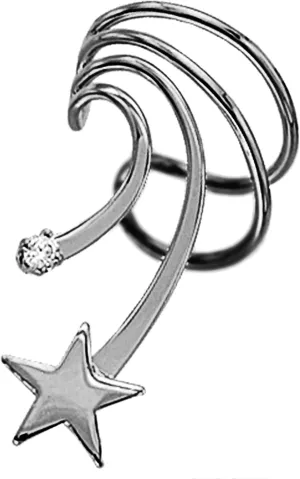 Ear Charms Short Wave Ear Cuff Star CZ Non-Pierced Left Cartilage Wrap Earring Rhodium on Sterling Silver