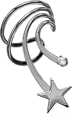 Ear Charms Short Wave Ear Cuff Star CZ Non-Pierced Right Cartilage Wrap Earring Rhodium on Sterling Silver