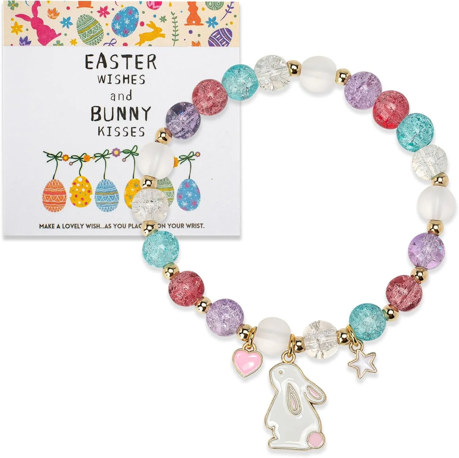Easter Bracelets Gifts for Women.Cute Bunny Charm Stretch Bracelet with Card. Easter Colorful Bead Bracelets Basket Stuffers.Party Bunny Egg Pendant Fillers Bracelet Accessories