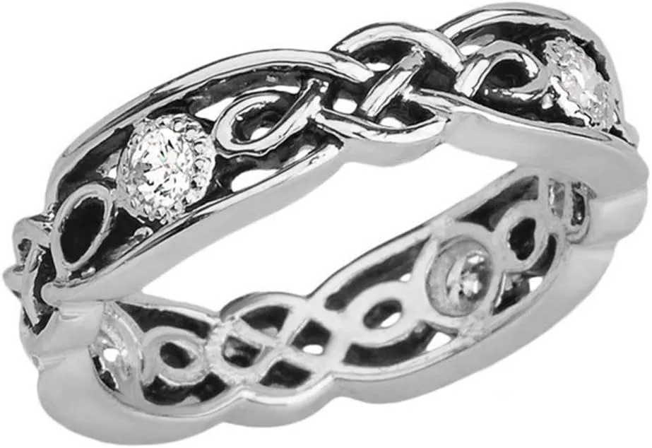 Elegant Black and Sterling Silver CZ Vintage Celtic Knot Wedding Band
