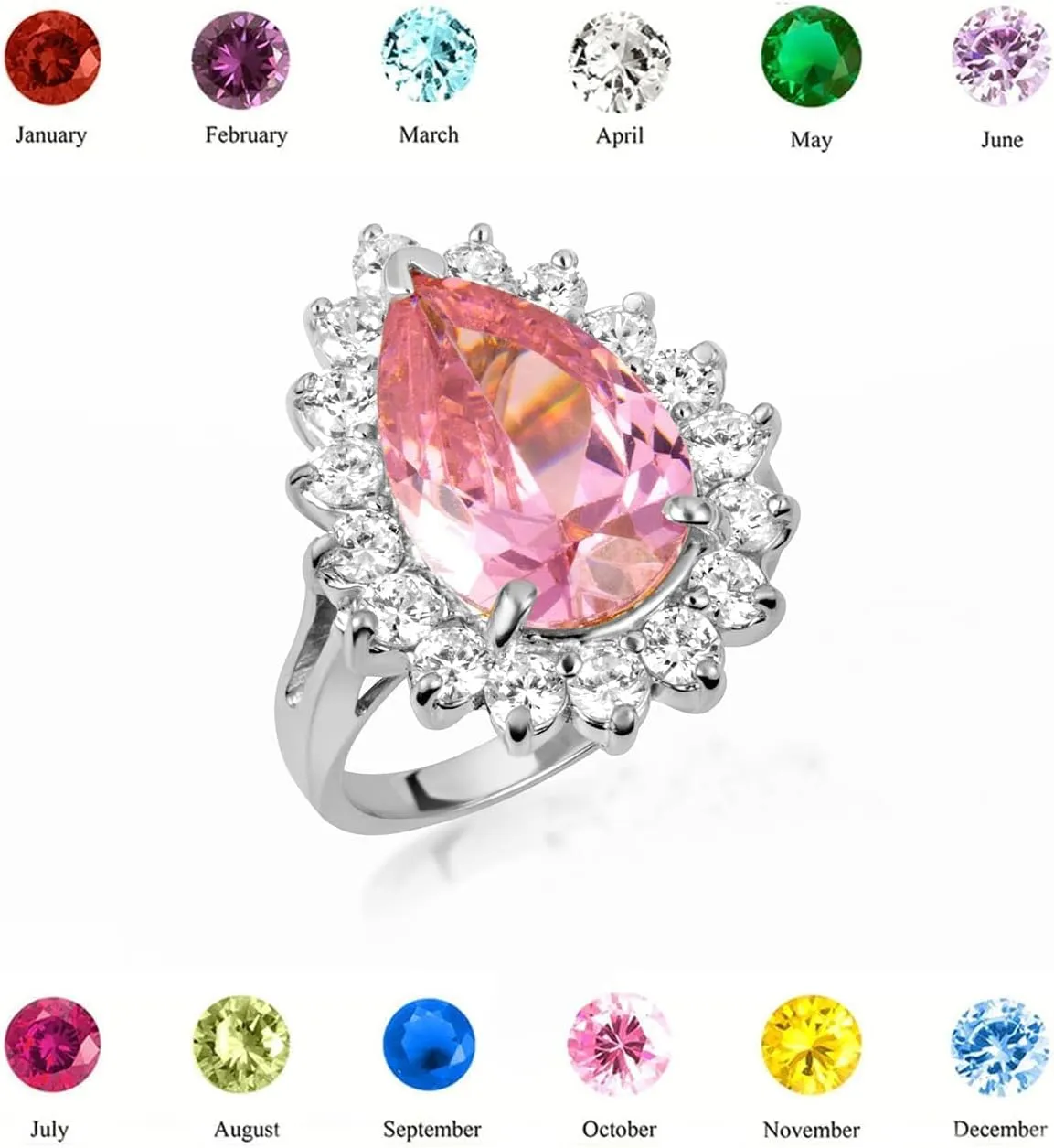 Elegant Sterling Silver Pear-Shaped Solitaire Personalized Birthstone Halo Ring