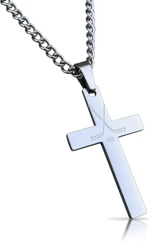 Elite Athletic Gear Hockey Cross Pendant With Chain Necklace - Stainless Steel