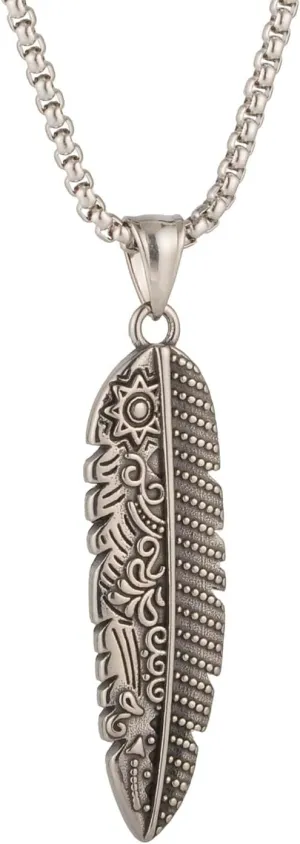 Ethnic Style Indigenous Tribal Characteristics Retro Style Feather Pendant Necklace, 316L Stainless Steel, Silver Stainless Steel Square Pearl Chain, Unisex Retro Jewelry For Men And Women