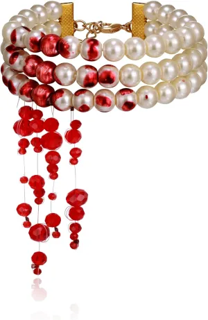 EVER FAITH Halloween Jewelry Dripping Blood Imitation Pearls Link Bracelet for Women, Gothic Multi-Strand 3 Layered Faux Pearl Bracelets for Vampire Party Costume Accessories