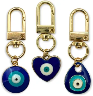 Evil Eye Mini Keychain, Drawstring Bag, Set of 3, Womens, Gold-Tone (Circle, Teardrop, Heart)