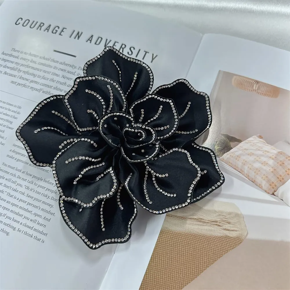 Fabric Rhinestone Flower Big Brooch Lapel Pins for Women Elegant Crystal Floral Brooches Pin for Dresses Suit Accessories Jewelry Boutonniere Corsage Wedding Party 5.5in