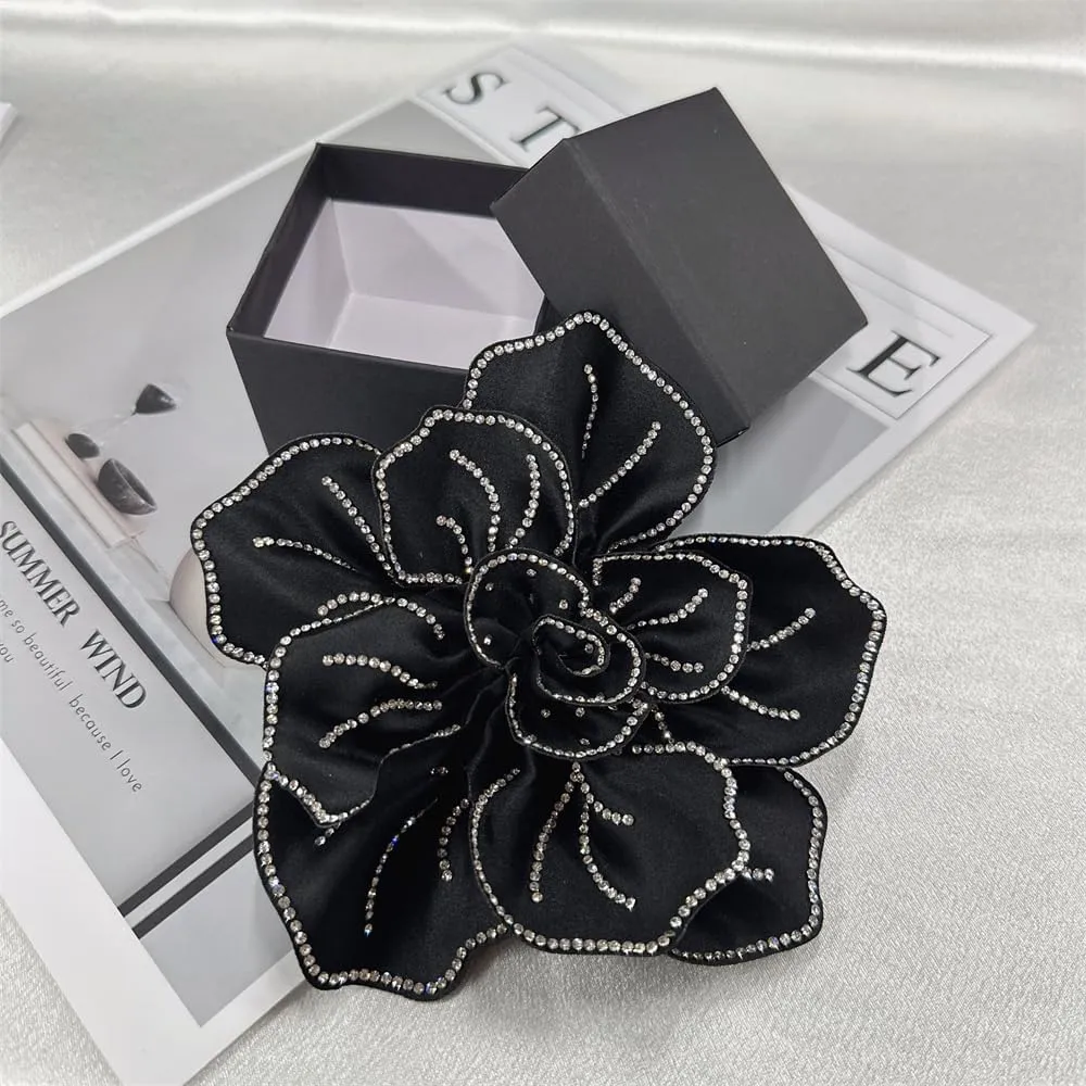 Fabric Rhinestone Flower Big Brooch Lapel Pins for Women Elegant Crystal Floral Brooches Pin for Dresses Suit Accessories Jewelry Boutonniere Corsage Wedding Party 5.5in