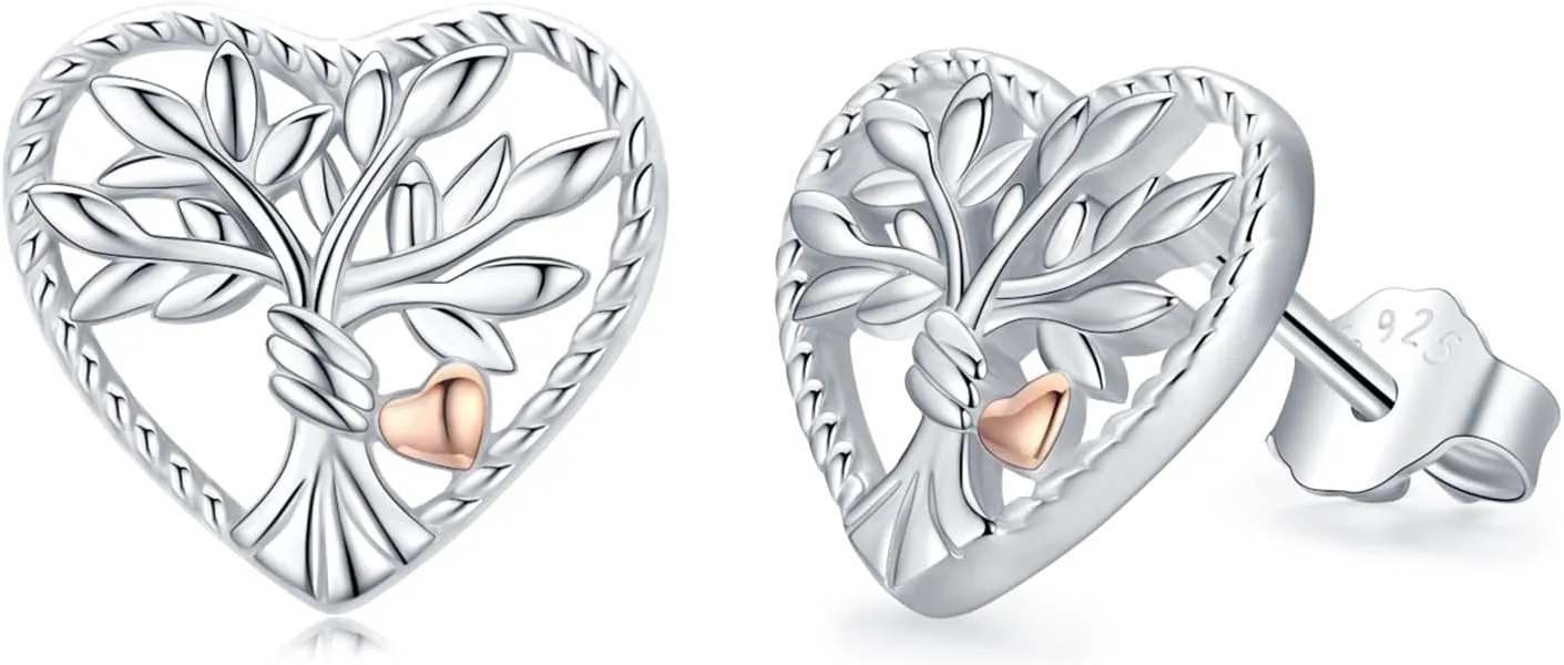 Family Tree Of Life Jewelry Earrings Studs For Women Sterling Silver Heart Shape Studs Cute Post Stud Earring Hypoallergenic Jewelry For Sensitive Ears Spiritual Protection Tree Earrings Religious Gifts For Women