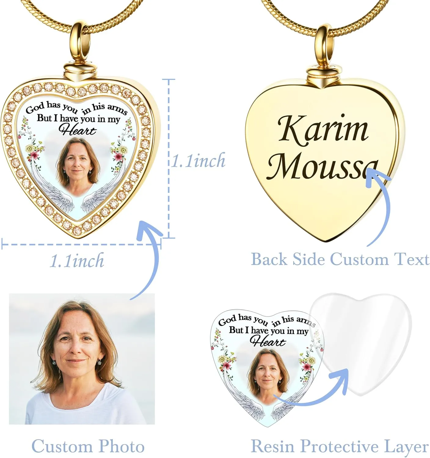 Fanery Sue Customized Photo Urn Necklace for Ashes, Personalized Ashes Necklaces with Picture Inside, Cremation Jewelry Urns Keepsake Pendant for Women & Men