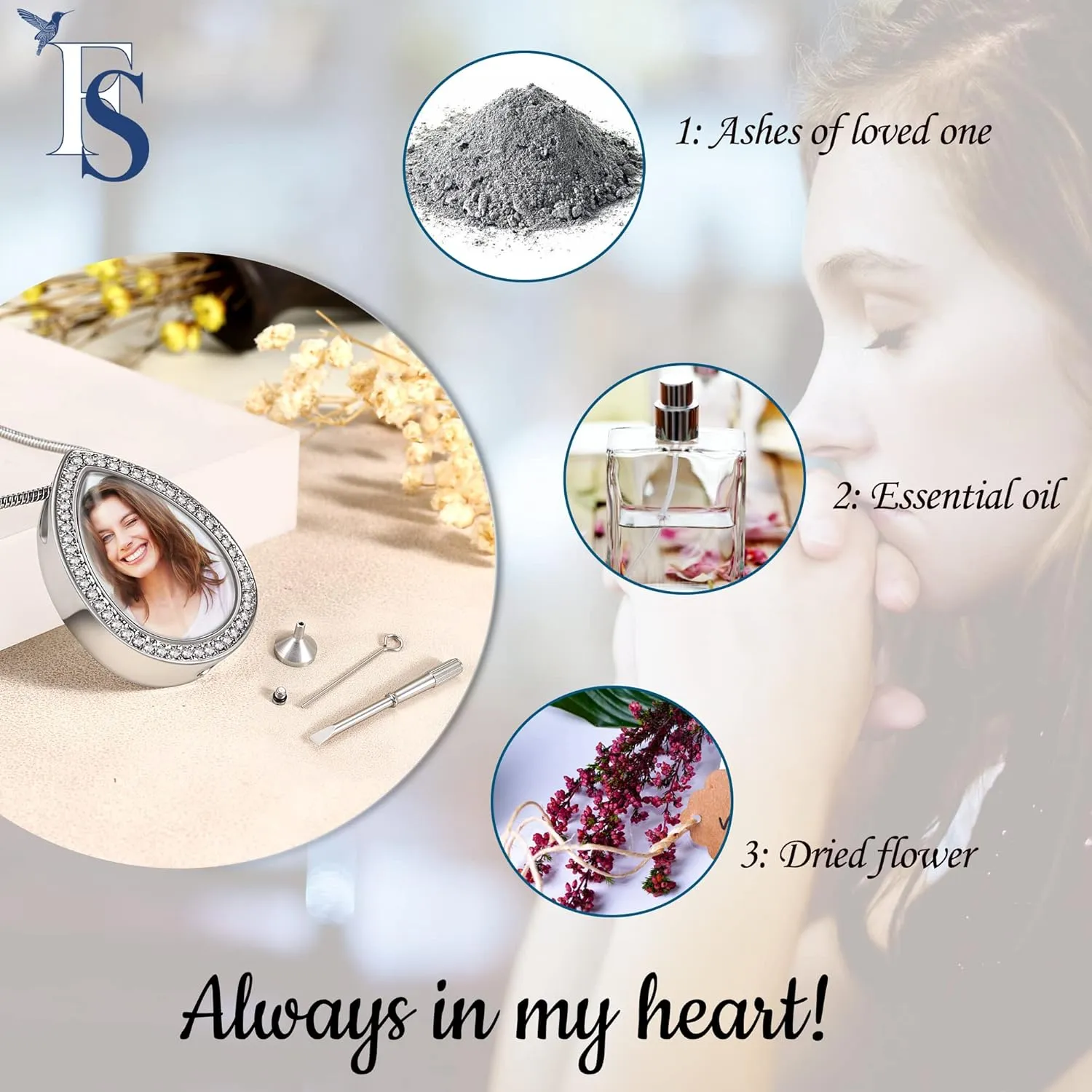 Fanery Sue Personalized Ashes Necklace for Women Men Custom Engraving Photo & Text Cremation Jewelry Urn Necklace for Ashes Memorial Keepsake for Loss Loved One, Copper, Zircon