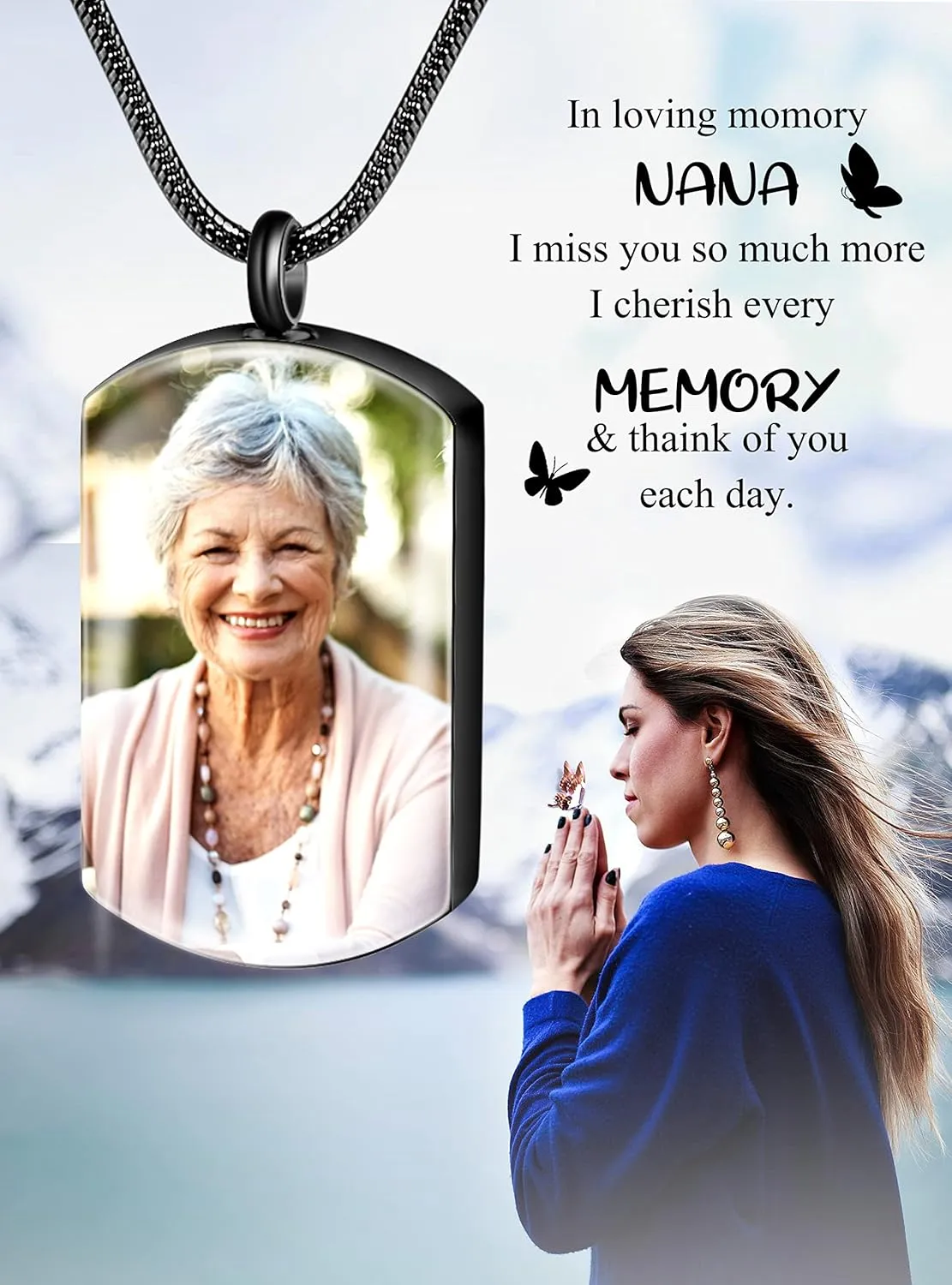 Fanery Sue Personalized Ashes Necklace for Women Men Custom Engraving Photo & Text Cremation Jewelry Urn Necklace for Ashes Memorial Keepsake for Loss Loved One
