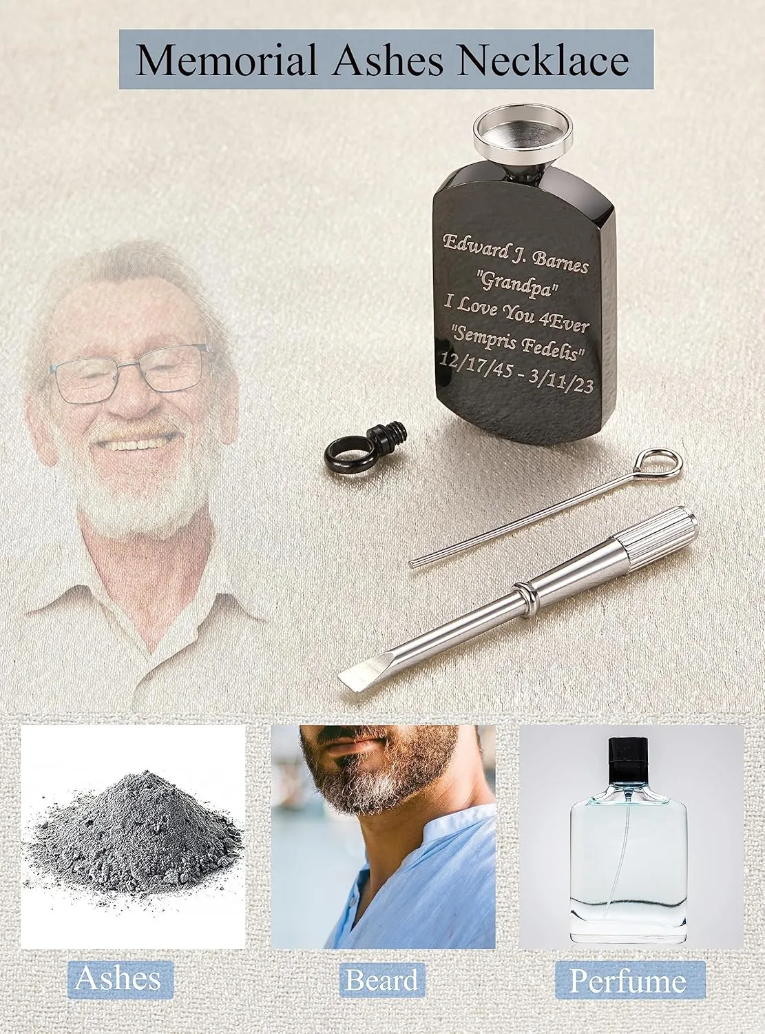 Fanery Sue Personalized Ashes Necklace for Women Men Custom Engraving Photo & Text Cremation Jewelry Urn Necklace for Ashes Memorial Keepsake for Loss Loved One