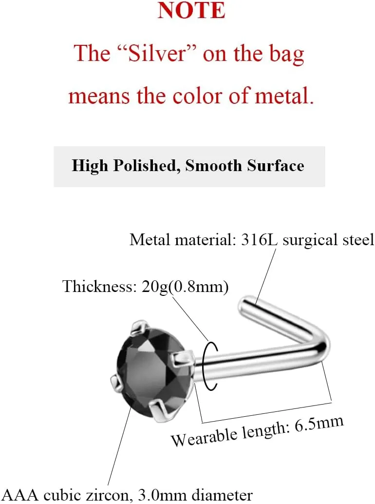 FANSING Nose Studs for Women Men L Shaped Nose Rings Surgical Steel Nostril Piercing Jewelry with Cubic Zirconia End