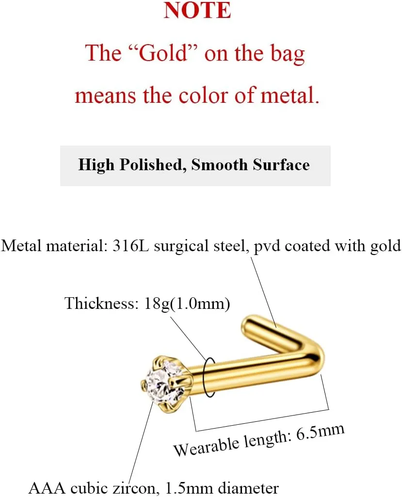 FANSING Nose Studs for Women Men L Shaped Nose Rings Surgical Steel Nostril Piercing Jewelry with Cubic Zirconia End