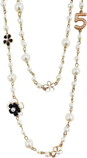 Fashion Jewelry Designer Pearl Camellia Necklace for Women Number 5 Long Double Stranded Necklace Birthday or Holidays Gifts