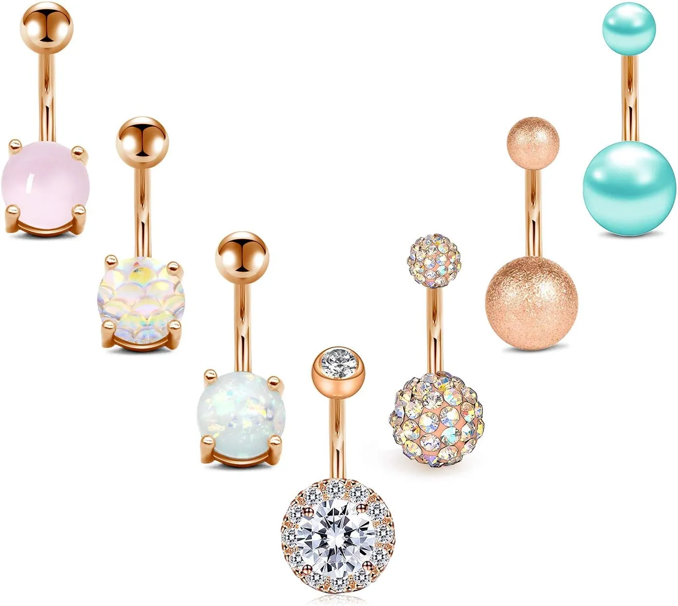 FECTAS 14g Belly Button Rings Surgical Steel CZ Navel Ring Barbell for Women Girls Body Piercing Jewelry Rose Gold Silver