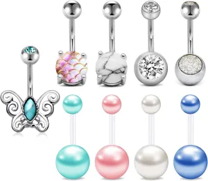 FECTAS 14g Belly Button Rings Surgical Steel CZ Navel Ring Barbell for Women Girls Body Piercing Jewelry Rose Gold Silver