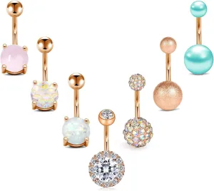 FECTAS 14g Belly Button Rings Surgical Steel CZ Navel Ring Barbell for Women Girls Body Piercing Jewelry Rose Gold Silver