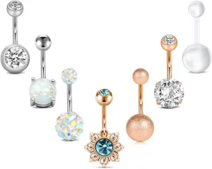 FECTAS 14g Belly Button Rings Surgical Steel CZ with Retainers Navel Ring Barbell for Women Body Piercing Jewelry Rose Gold Silver