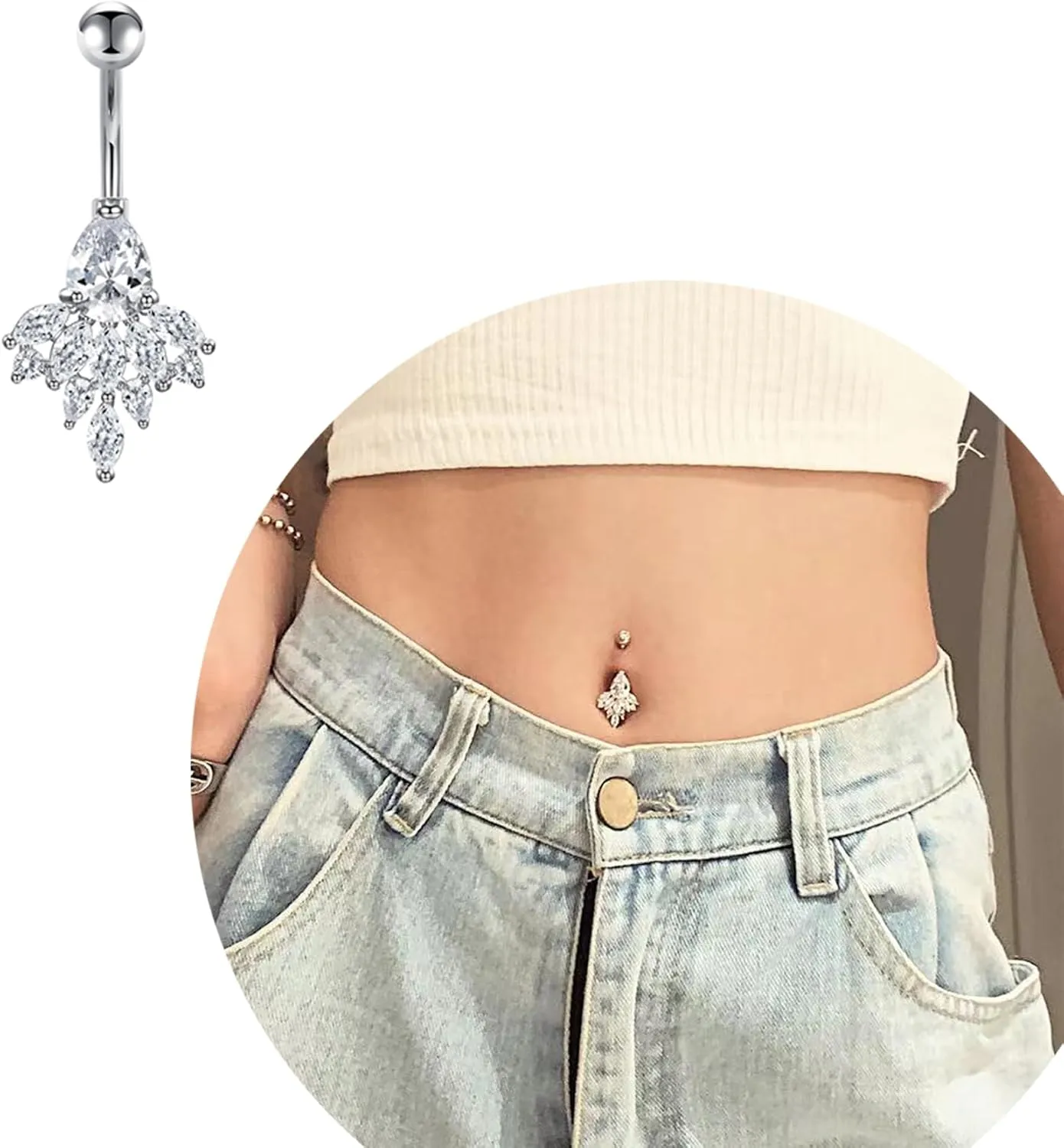 FECTAS Belly Button Ring Dangle 14g Belly Rings Surgical Steel CZ Navel Ring Barbell for Women Body Piercing Jewelry Gold Silver