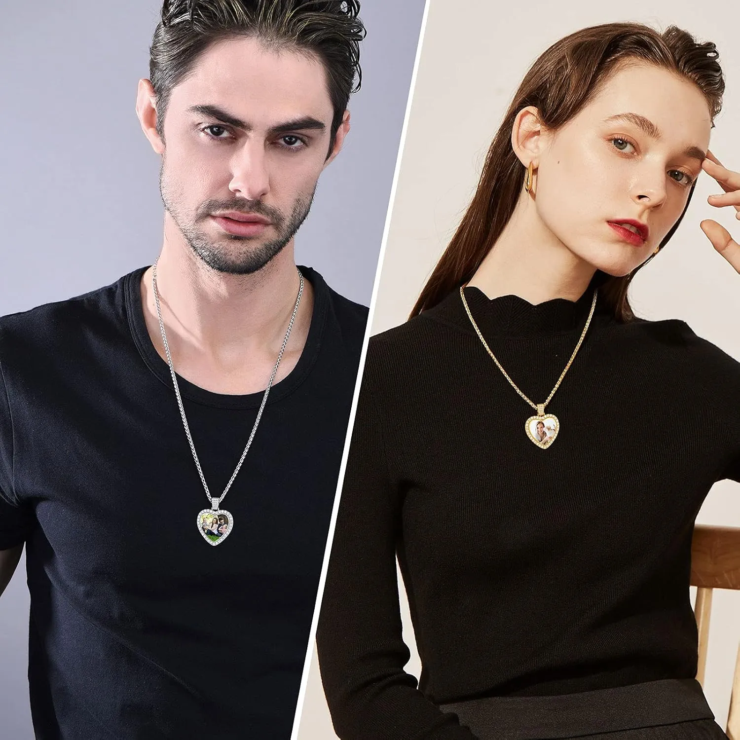 FindChic Customized Heart Photo Necklace Plain/Bling CZ/Rose/Angel Wings/Rotatable 2-Side Picture Pendant Stainless Steel/Gold Plated/Black Valentine's Jewelry Gift for Women Mom Girlfriend  Gift Box