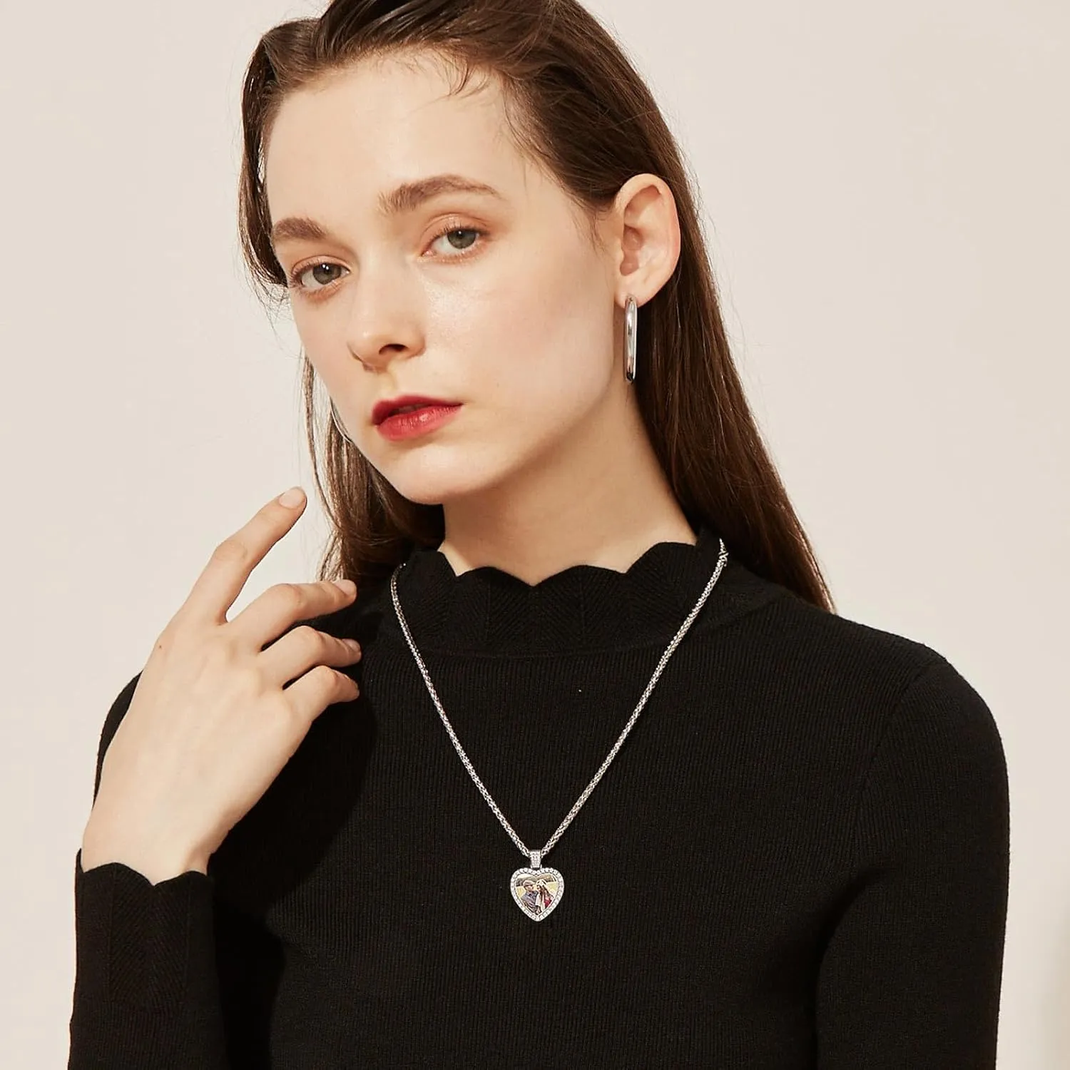 FindChic Customized Heart Photo Necklace Plain/Bling CZ/Rose/Angel Wings/Rotatable 2-Side Picture Pendant Stainless Steel/Gold Plated/Black Valentine's Jewelry Gift for Women Mom Girlfriend  Gift Box