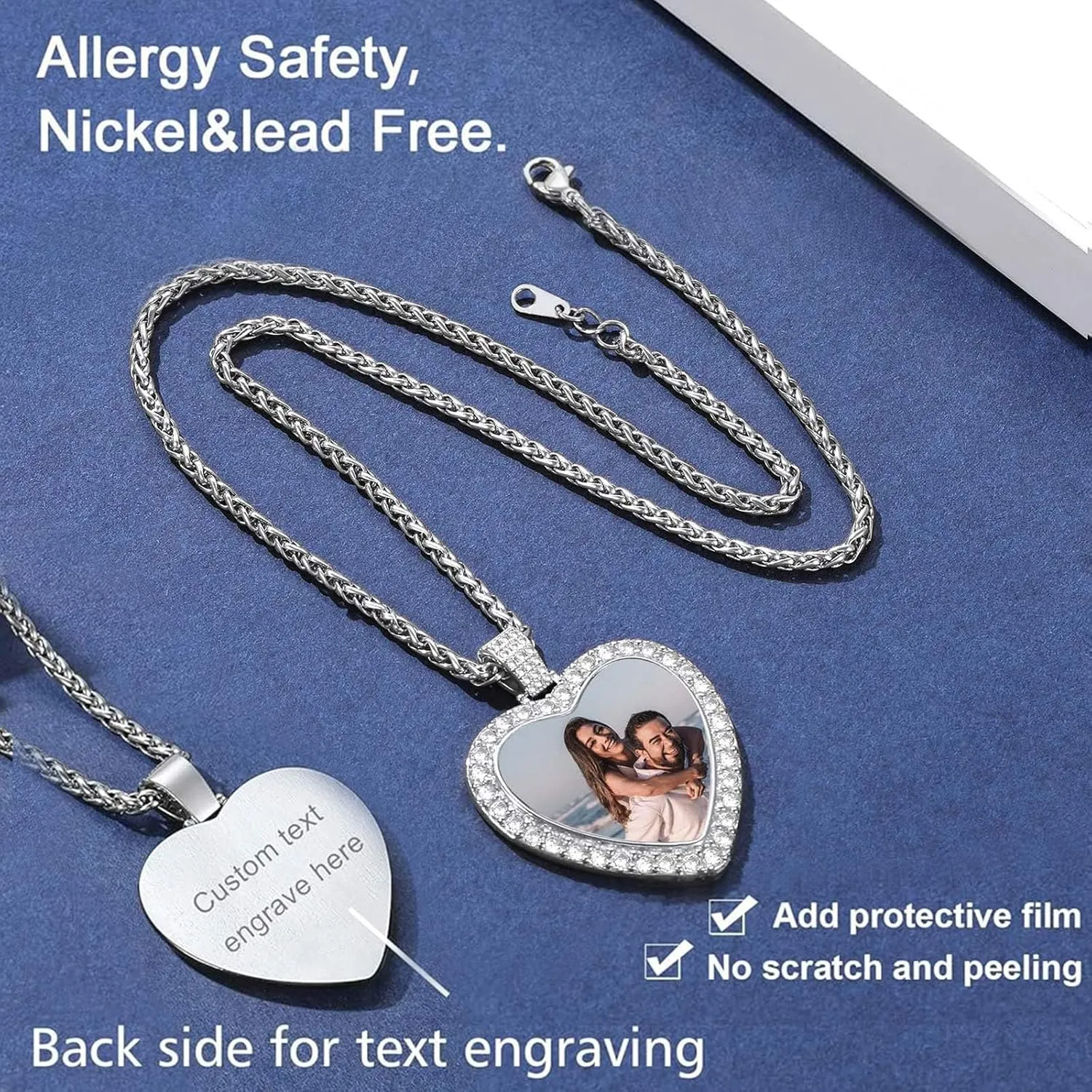 FindChic Customized Heart Photo Necklace Plain/Bling CZ/Rose/Angel Wings/Rotatable 2-Side Picture Pendant Stainless Steel/Gold Plated/Black Valentine's Jewelry Gift for Women Mom Girlfriend  Gift Box