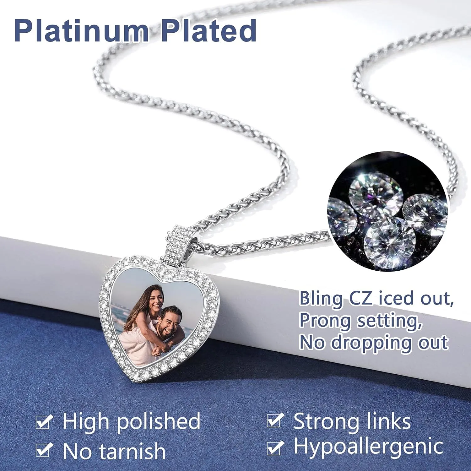 FindChic Customized Heart Photo Necklace Plain/Bling CZ/Rose/Angel Wings/Rotatable 2-Side Picture Pendant Stainless Steel/Gold Plated/Black Valentine's Jewelry Gift for Women Mom Girlfriend  Gift Box