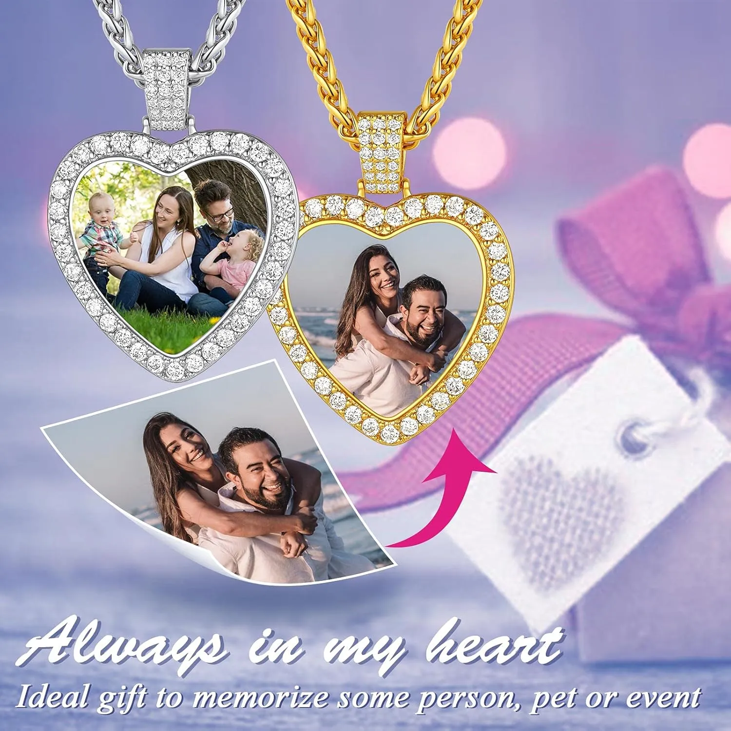 FindChic Customized Heart Photo Necklace Plain/Bling CZ/Rose/Angel Wings/Rotatable 2-Side Picture Pendant Stainless Steel/Gold Plated/Black Valentine's Jewelry Gift for Women Mom Girlfriend  Gift Box