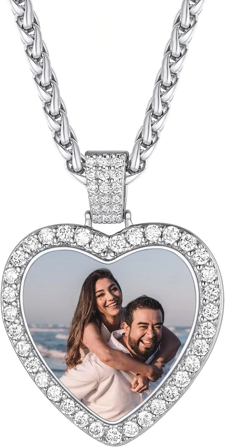 FindChic Customized Heart Photo Necklace Plain/Bling CZ/Rose/Angel Wings/Rotatable 2-Side Picture Pendant Stainless Steel/Gold Plated/Black Valentine's Jewelry Gift for Women Mom Girlfriend  Gift Box