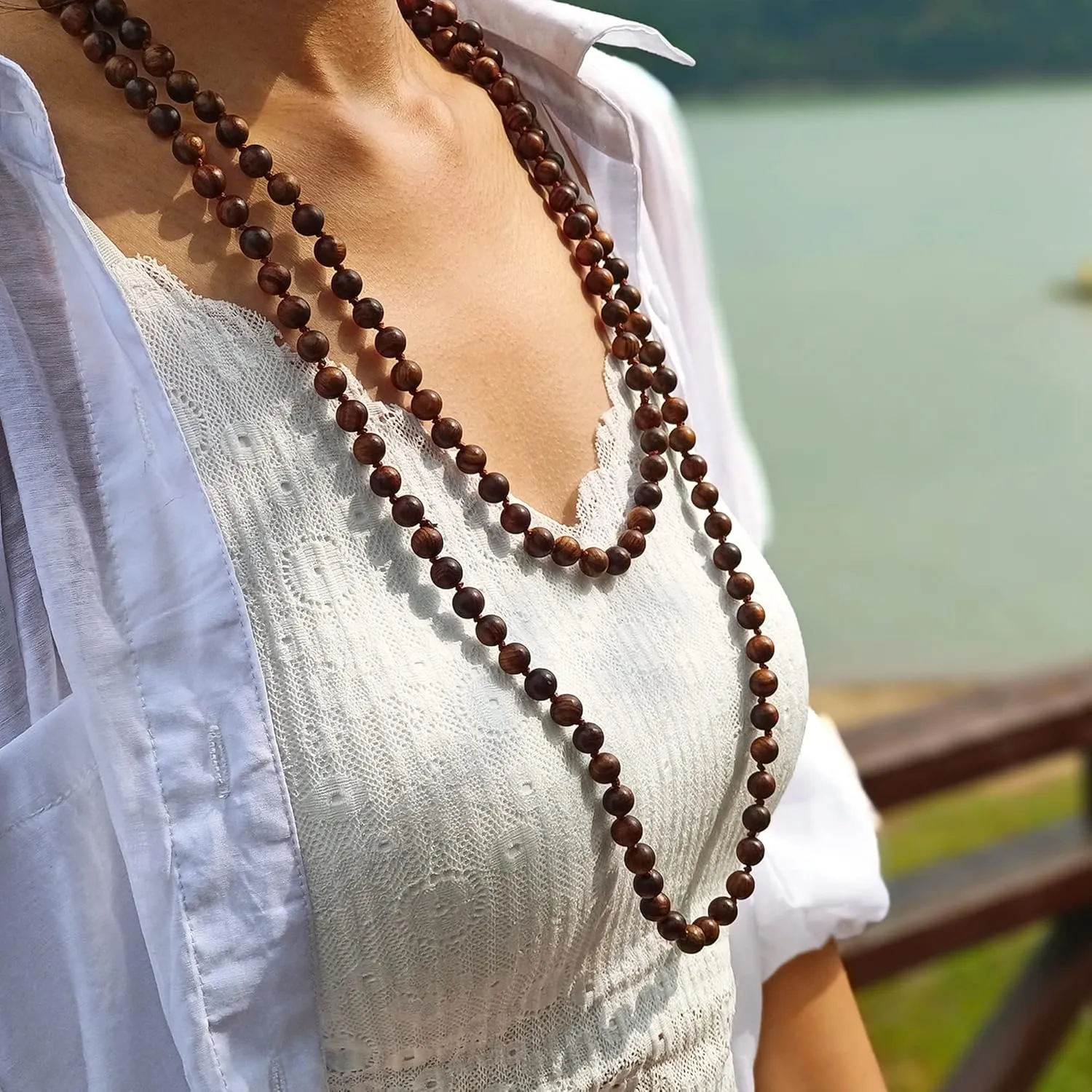 Firstmeet Fashion Natural Round Wood Beads 60'' Long Strand Art Deco Necklace for Women