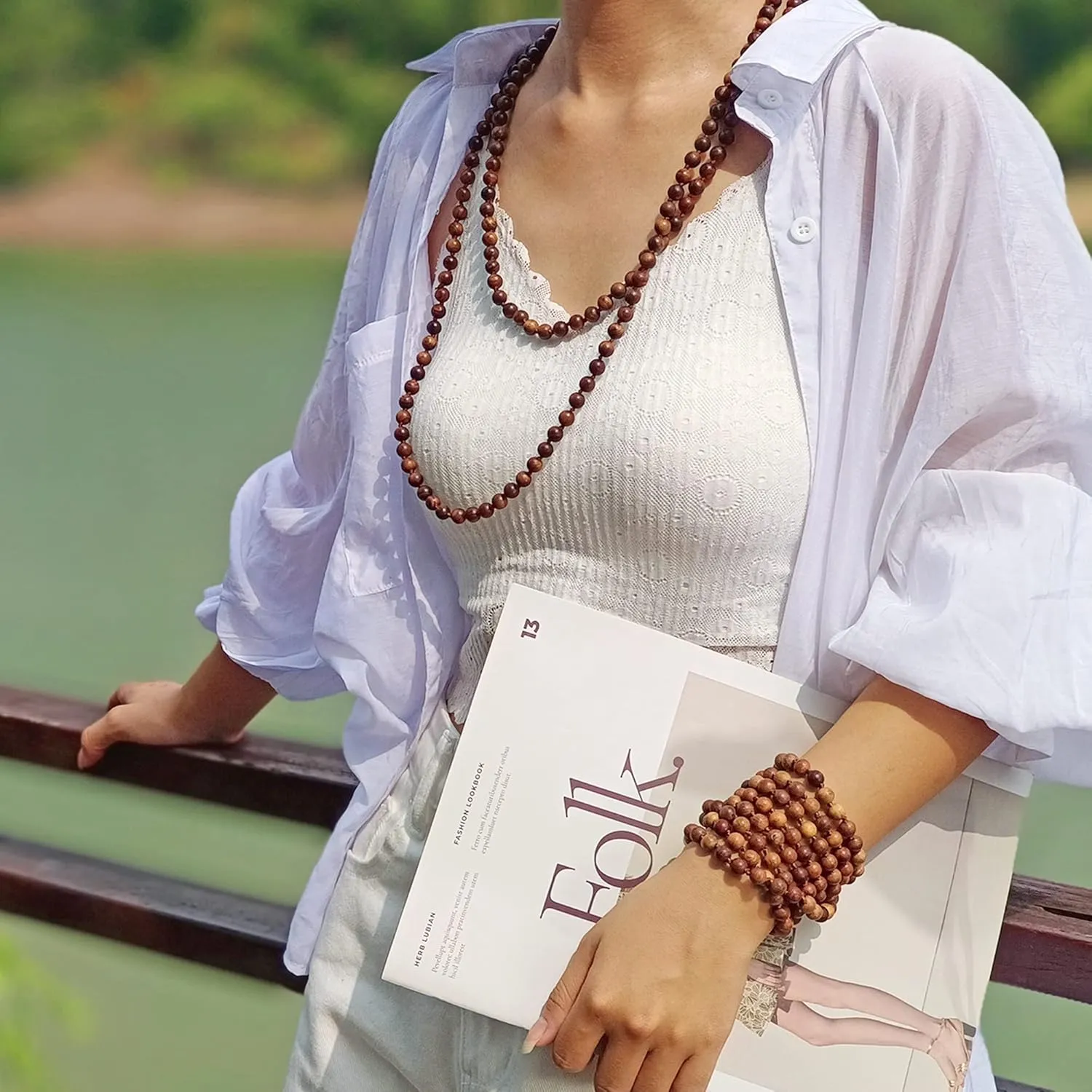 Firstmeet Fashion Natural Round Wood Beads 60'' Long Strand Art Deco Necklace for Women